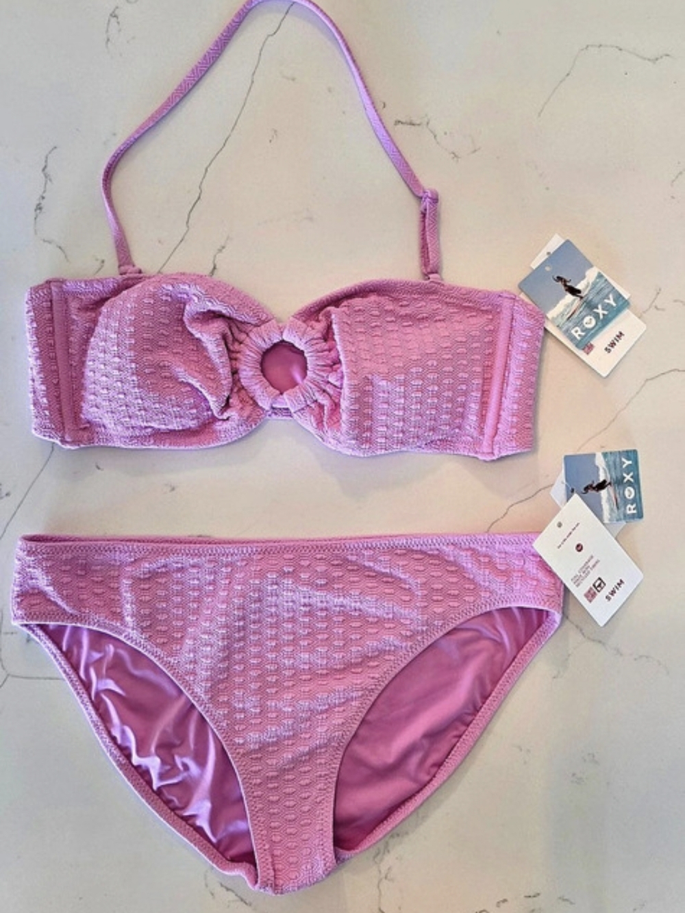 Roxy Alueva Hipster 2 Pc Textured Bikini Set Pink Top Sz Xl Bottom Sz L NWT